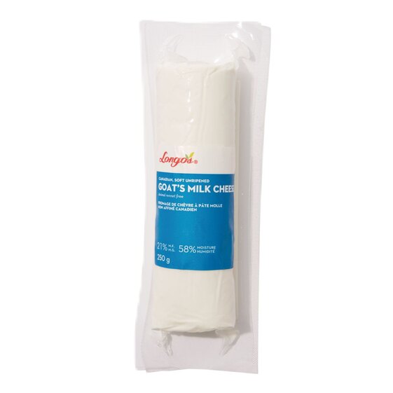 Longo’s Goat’s Milk Cheese, soft unripened Canadian goat cheese, 250g log in vacuum-sealed packaging.